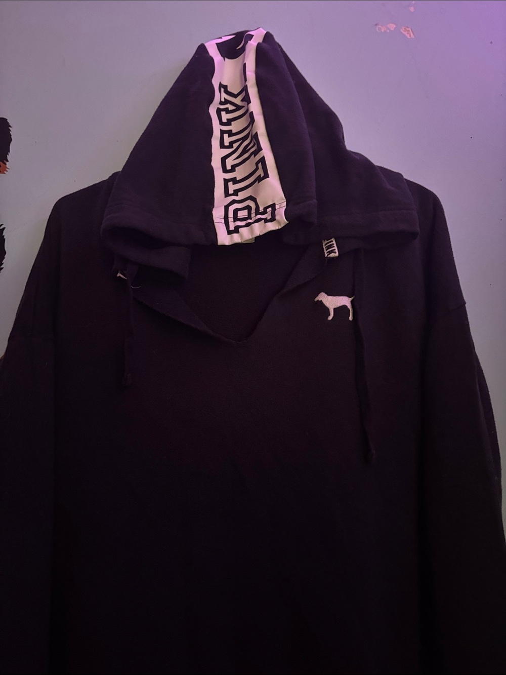M PINK Victoria's Secret Black Hoodie with White Logo Trim “Pink Nation”